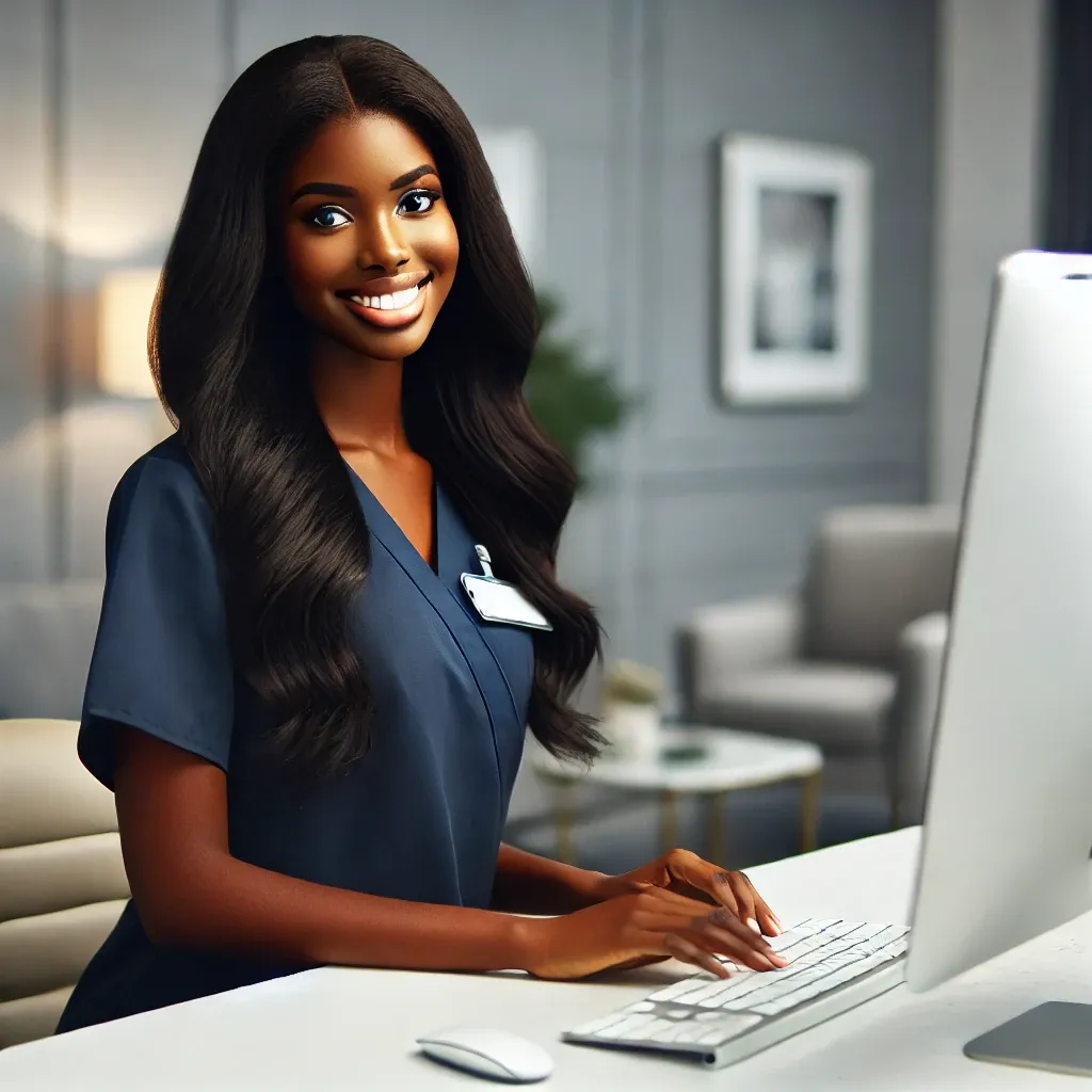 A woman is sitting at a desk in front of a computer and smiling.