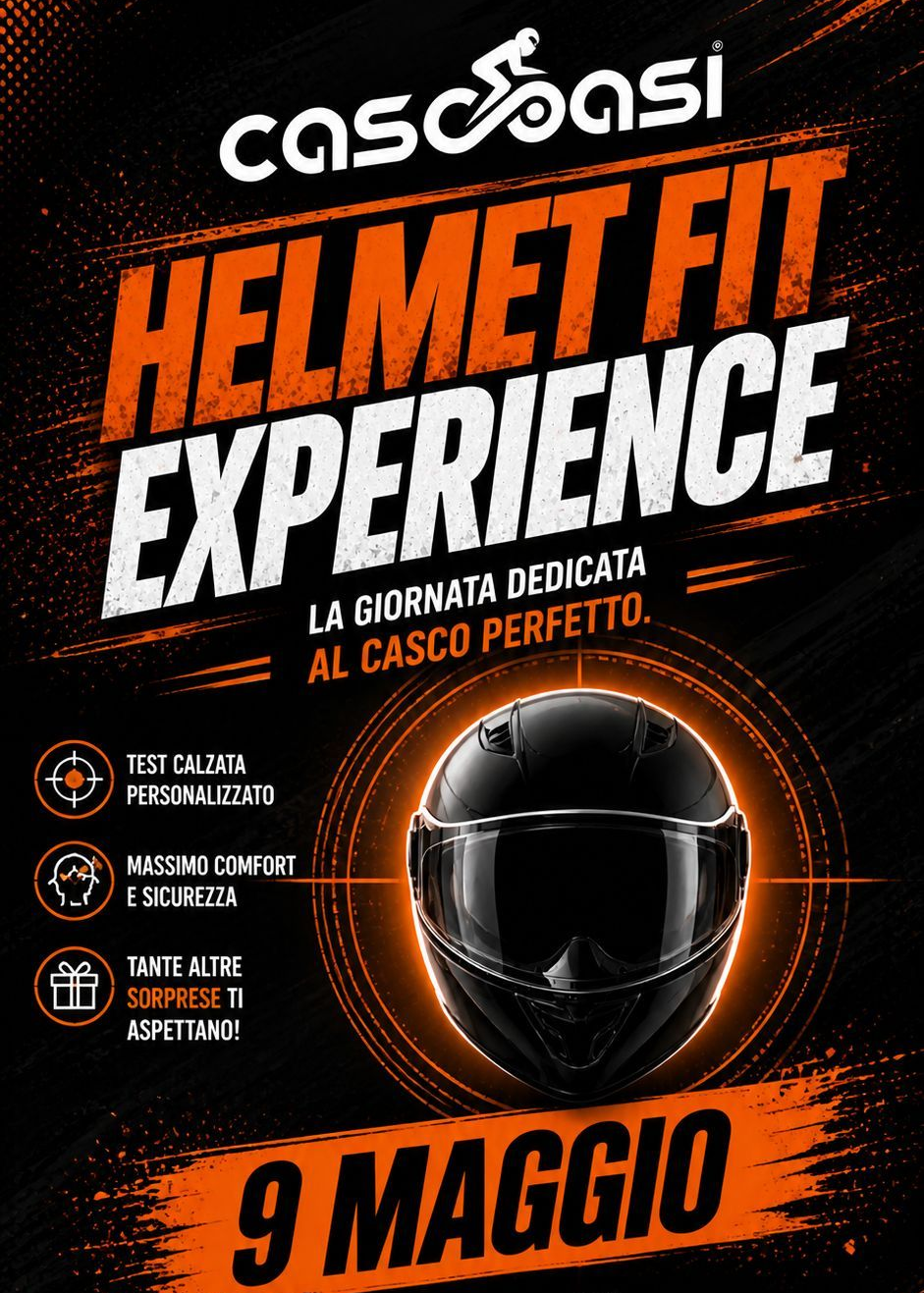 Motorcycle event poster: “Helmet Fit Experience” in orange and black with helmet and date 9 May.