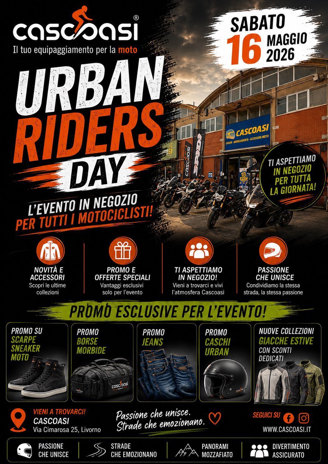Locandina dell'evento Urban Riders Day con design in nero e arancione, data, icone e tema motociclistico.
