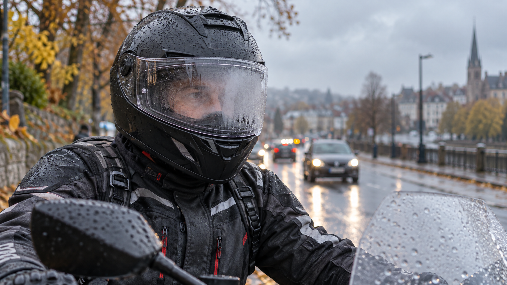 Un motociclista con indosso una tuta antipioggia nera viaggia su una strada bagnata