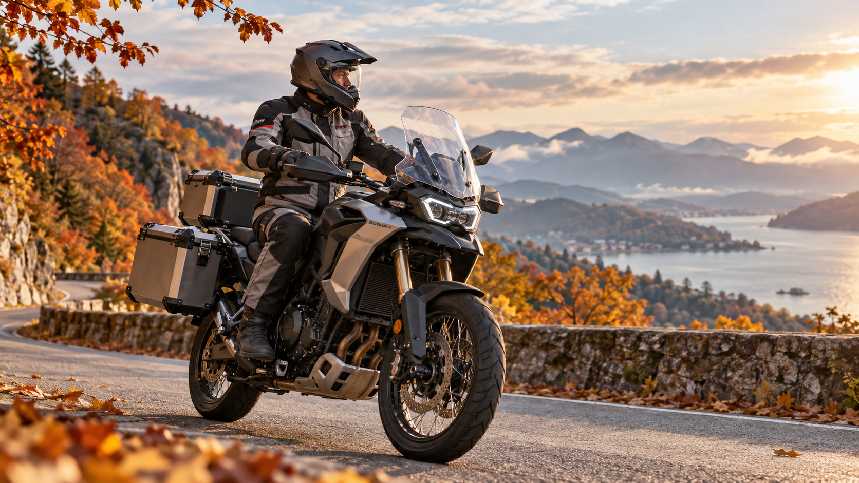 Motociclista su una moto da avventura ammira un lago e le montagne al tramonto, con il fogliame