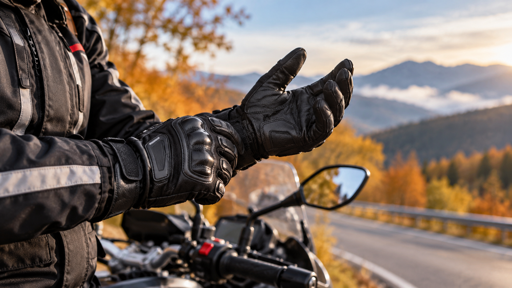 Motociclista con guanti neri percorre una strada di montagna in un paesaggio autunnale.