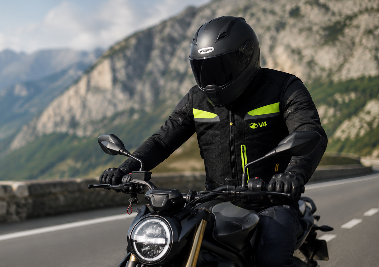 Un motociclista vestito con airbag nero e giallo fluo percorre una strada di montagna costeggiando un lago.
