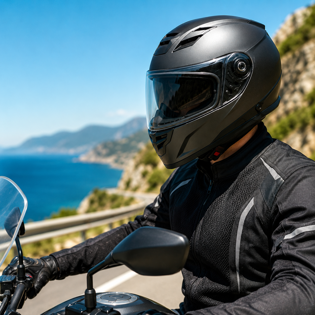 Motociclista con casco e giacca neri che percorre una strada costiera blu