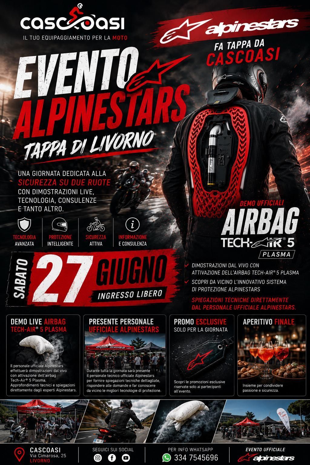Poster of Evento Alpinestars at Tappa di Livorno, with red-and-black motorbike gear and June 27 date