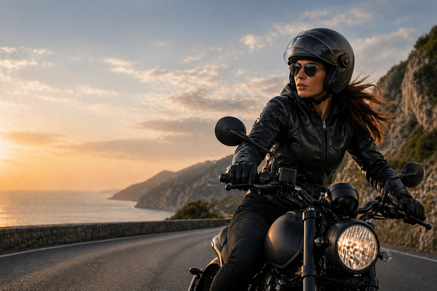Motorcyclist in black gear riding along a coastal road at sunset