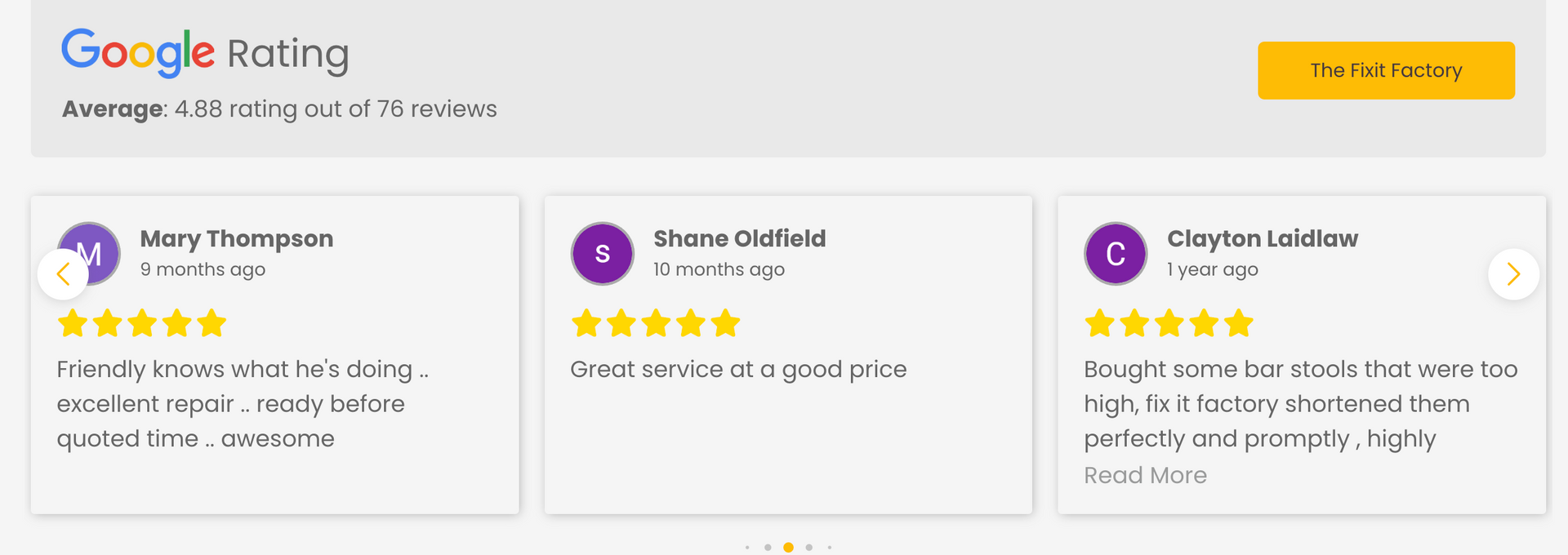 Google reviews with 5-star ratings and testimonials.
