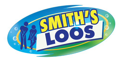 Logo for Smith's Loos, featuring figures representing restrooms, in blue and yellow colors.