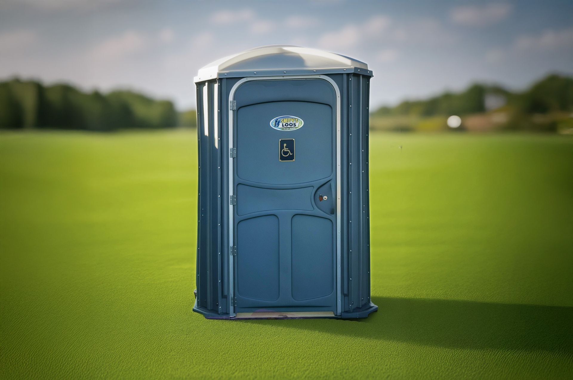 Blue portable toilet on green grass.