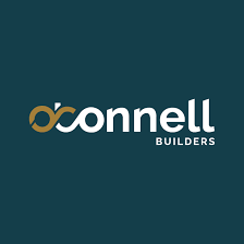O'Connell Builders logo: white text and a gold infinity symbol on a teal background.
