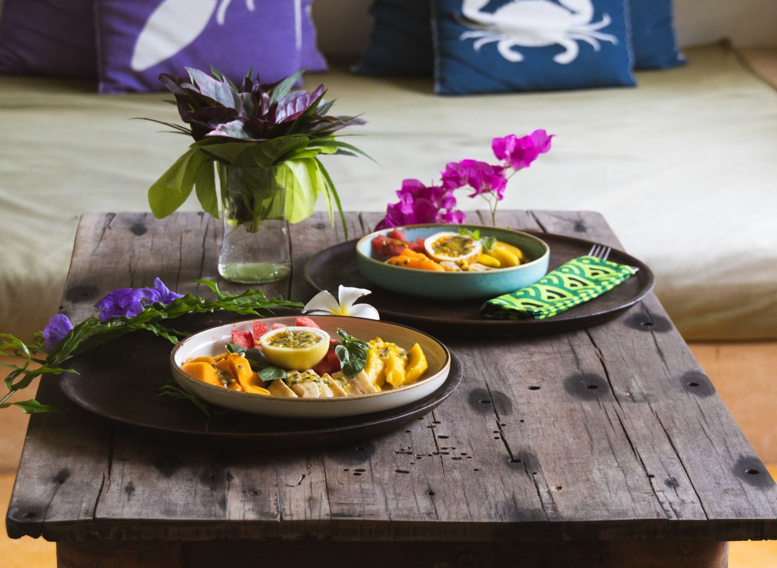 Freshly prepared fruit platter on rustic wooden table