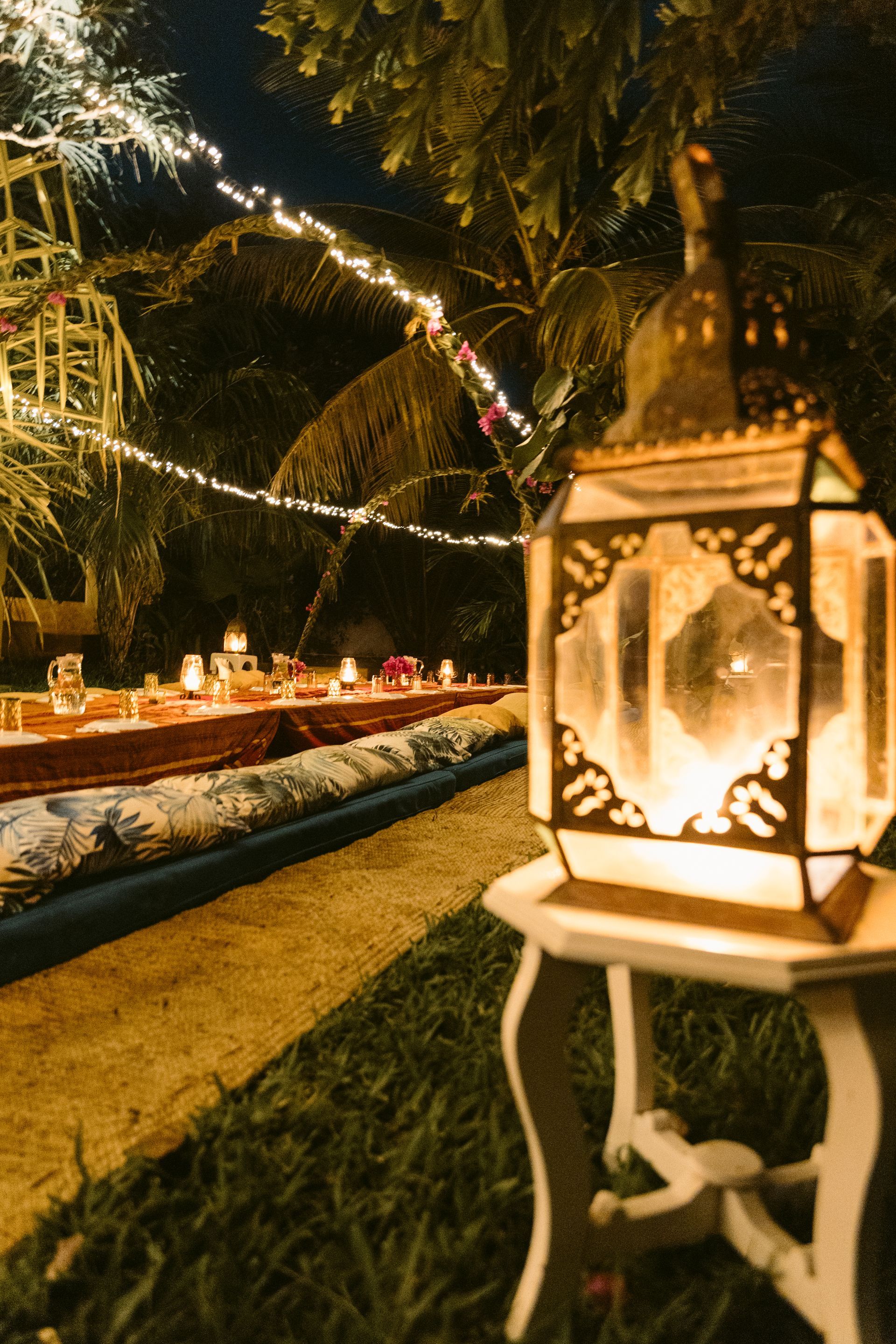 Decorative lantern and string lights hanging among palm trees in the tropical garden creating a cozy night 