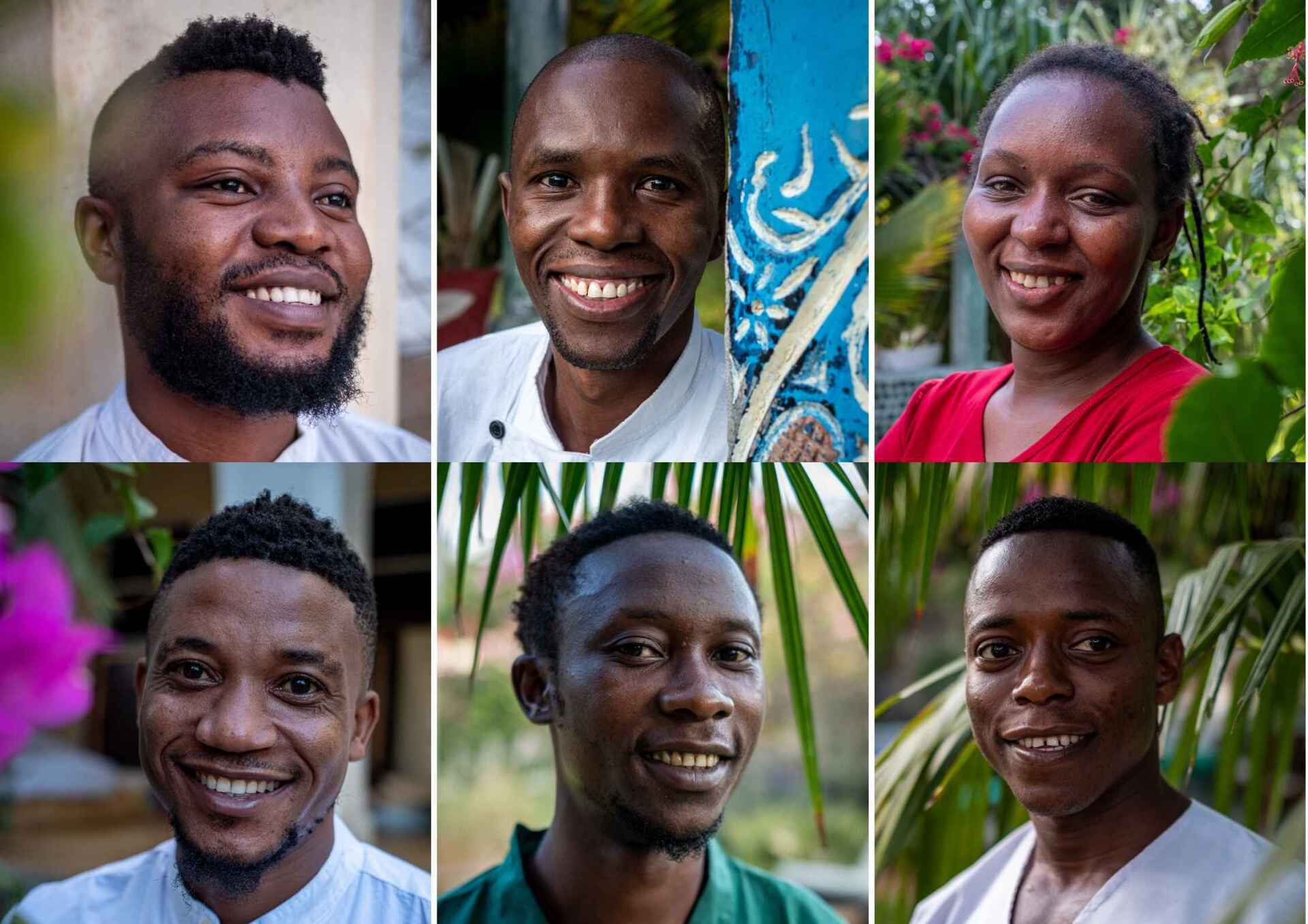 A grid of six smiling individuals posed in bright, natural, and outdoor settings.
