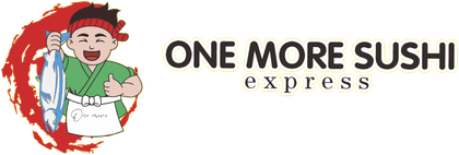 One More Sushi Express logo with a cartoon sushi chef in red and green beside black text
