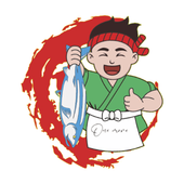 Cartoon sushi chef in green holding a fish, smiling, with red brushstroke circle and Japanese headband
