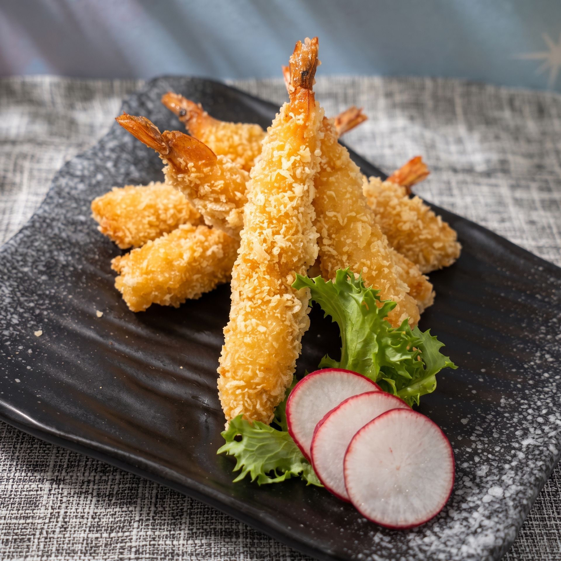 Golden breaded shrimp tempura stacked on a black plate with greens and sliced radishes