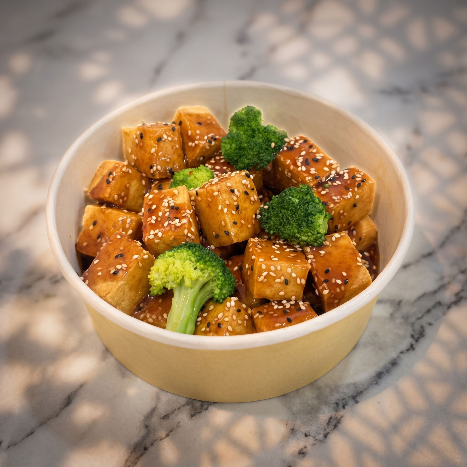 Bowl of glazed tofu cubes with broccoli florets and sesame seeds on a marble countertop.