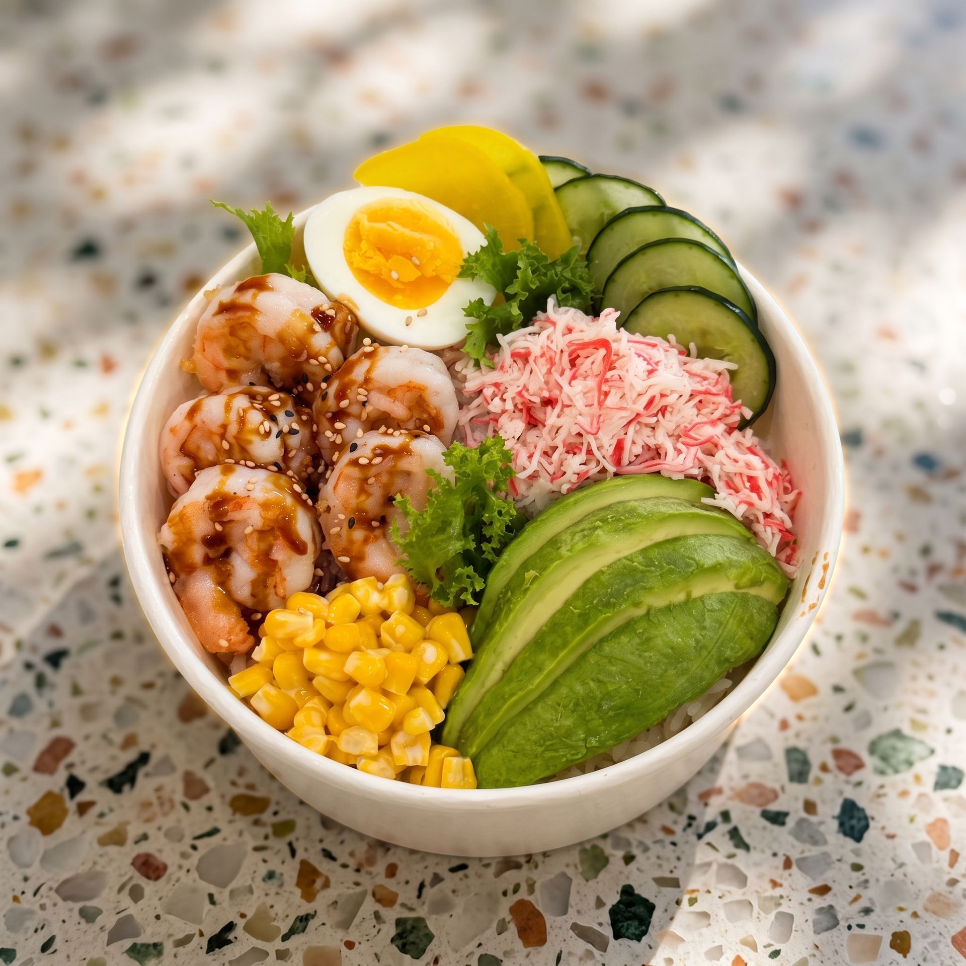 Colorful rice bowl with shrimp, egg, cucumber, avocado, corn, and shredded crab on a speckled table