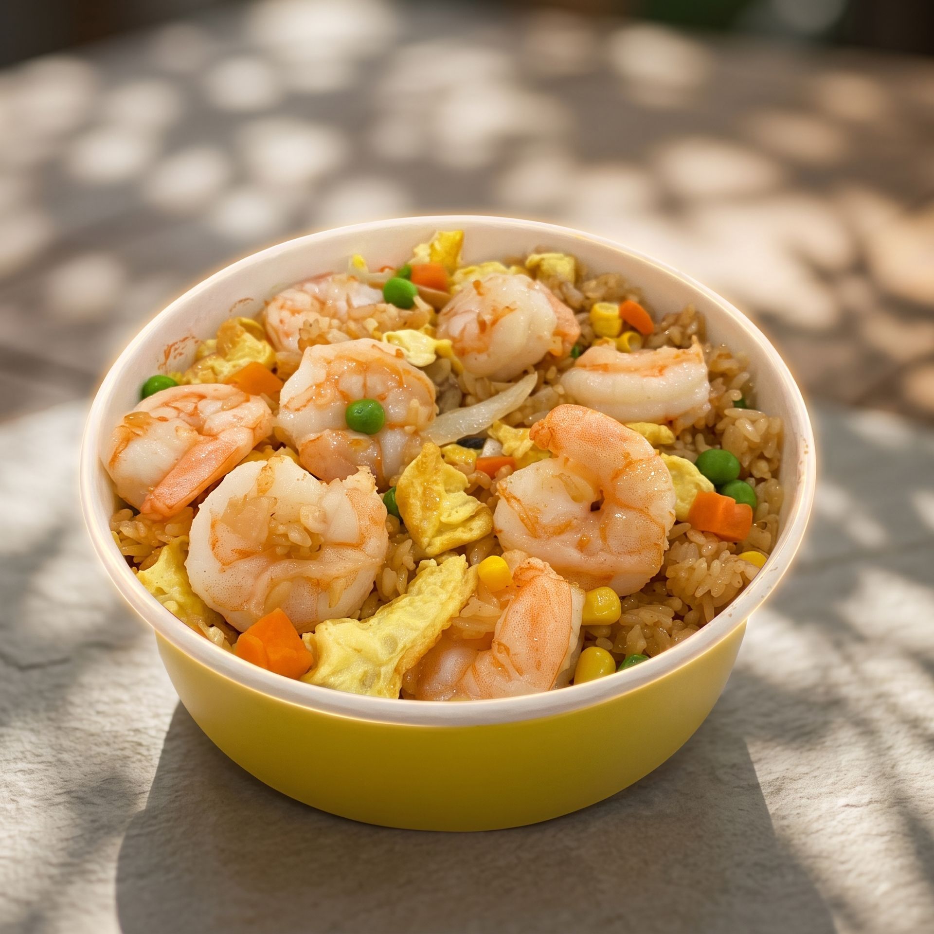 Yellow bowl of shrimp fried rice with vegetables on a sunlit table
