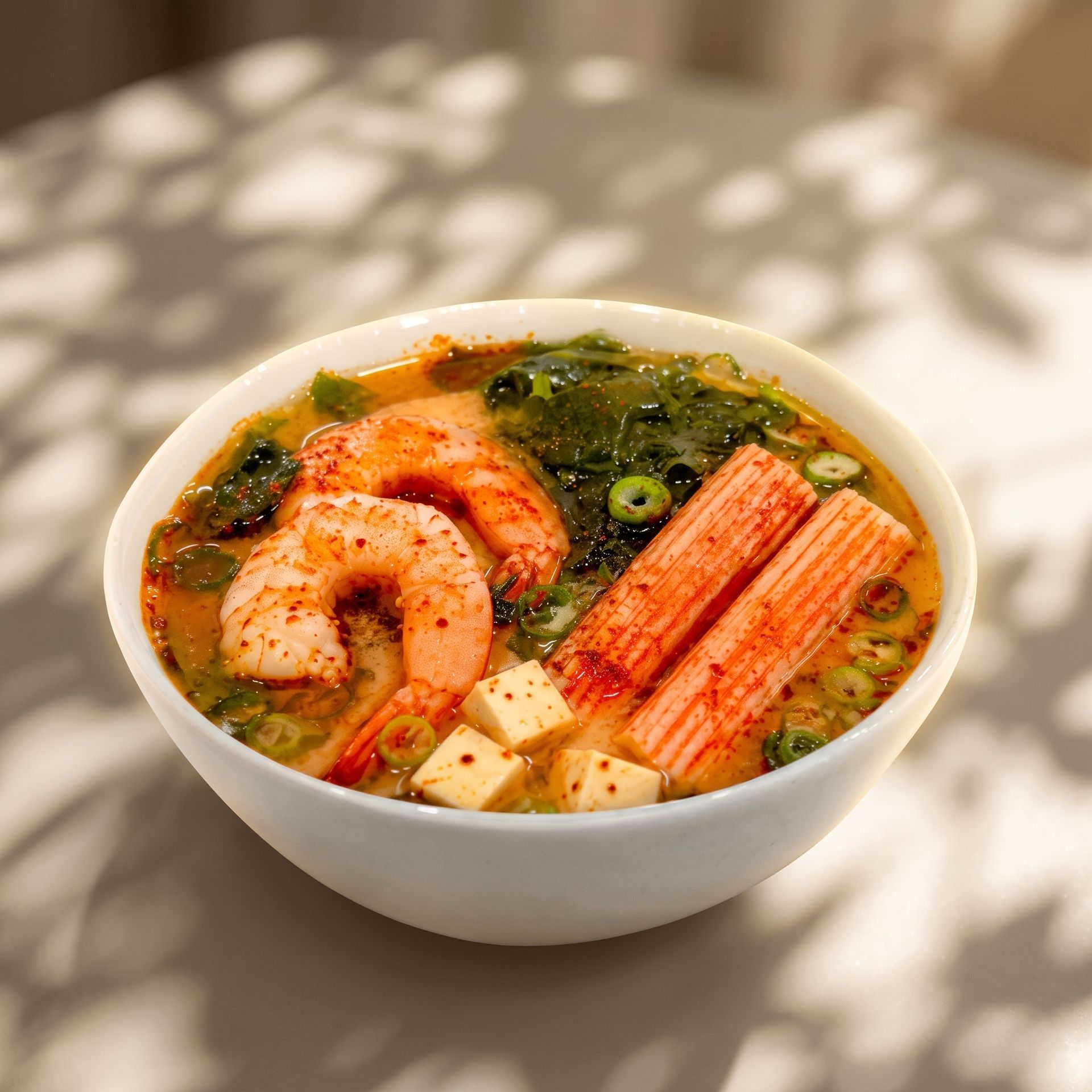 White bowl of shrimp and crab noodle soup with greens in a light, sunlit setting