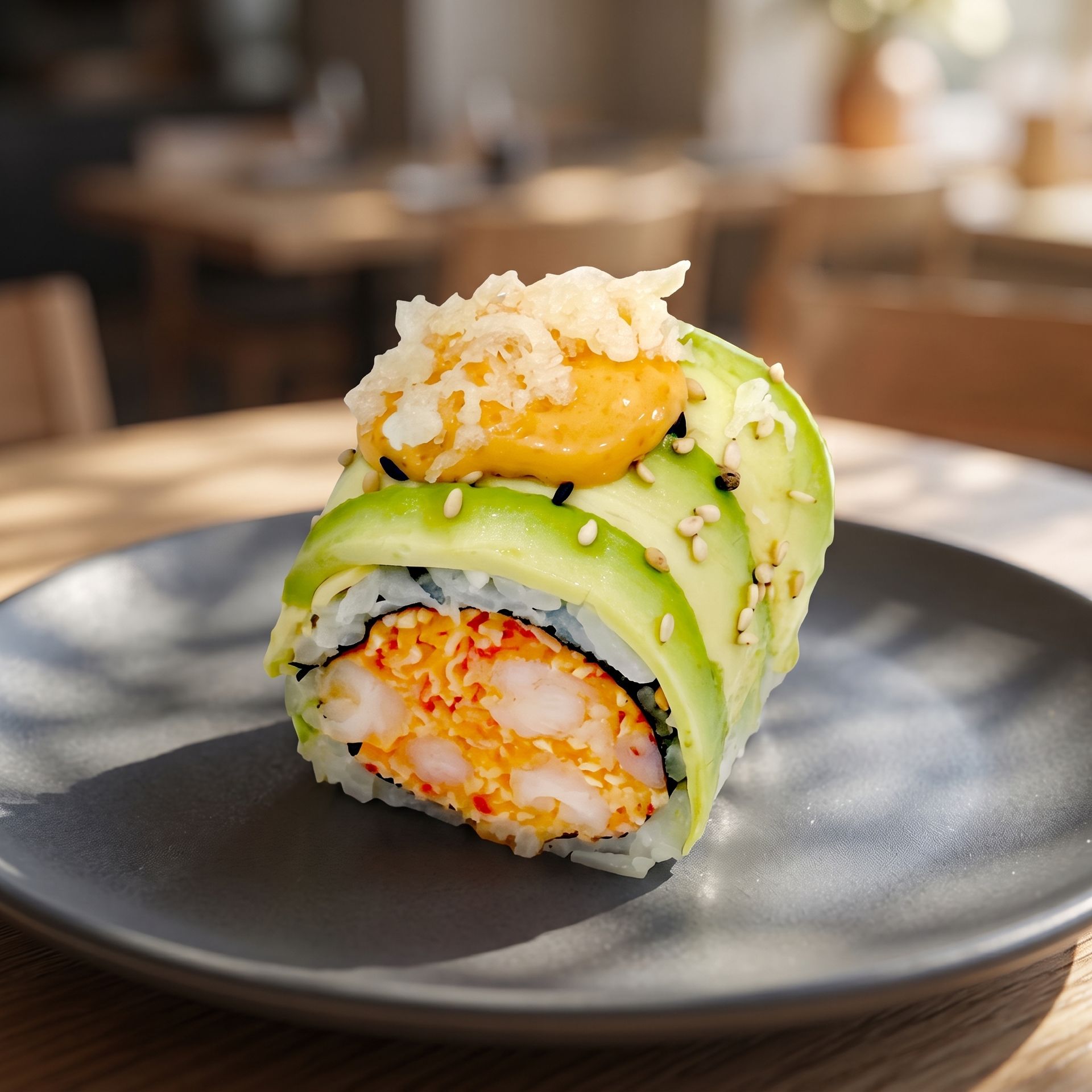 Avocado sushi roll topped with roe and sauce on a dark plate in a restaurant setting