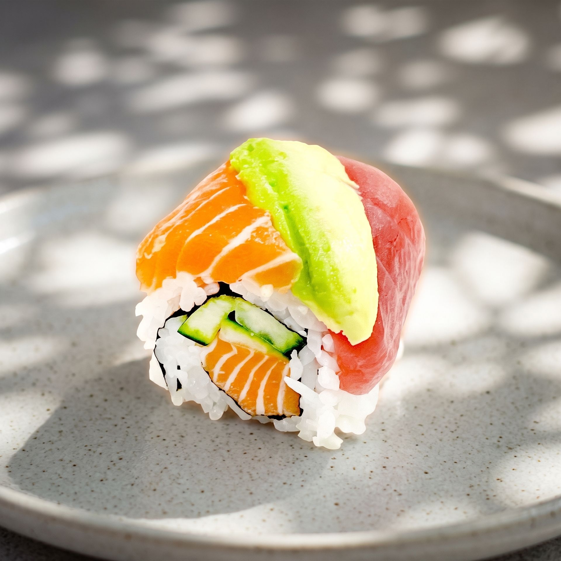Sushi roll topped with salmon, avocado, and tuna on a gray surface with dappled light