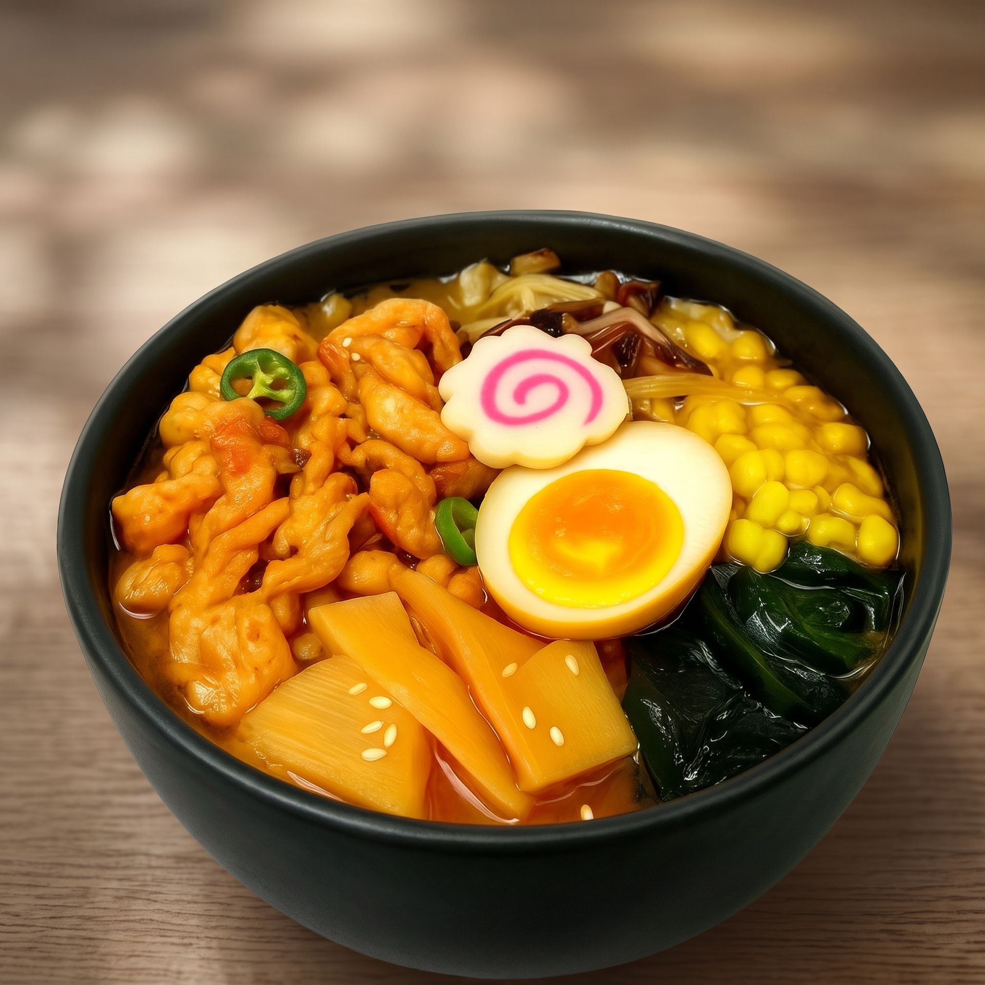Bowl of ramen with corn, egg, fish cake, greens, and sliced meat in a black bowl