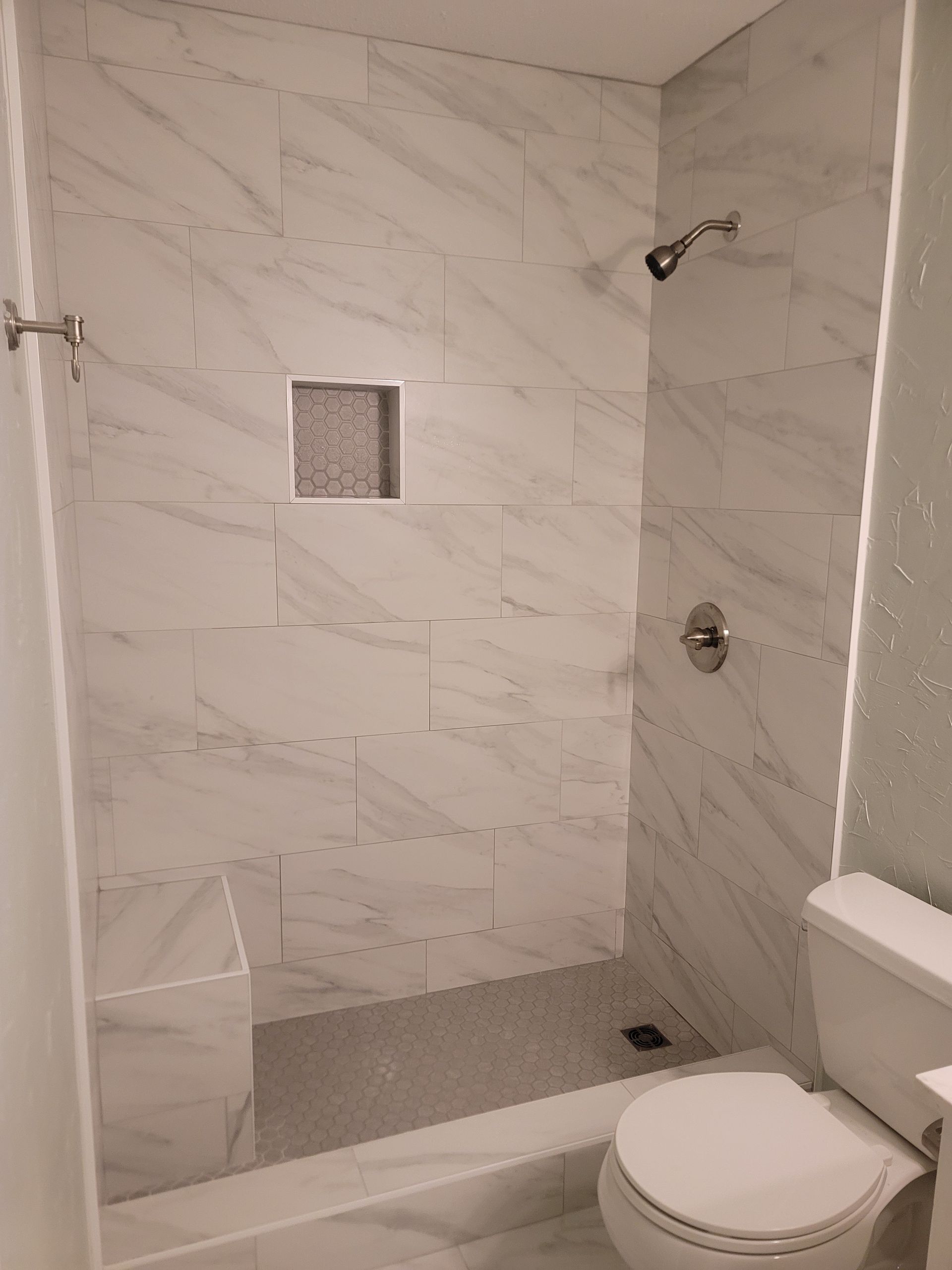 Modern bathroom shower with white marble tile, built-in niche, grab bar, and toilet visible.