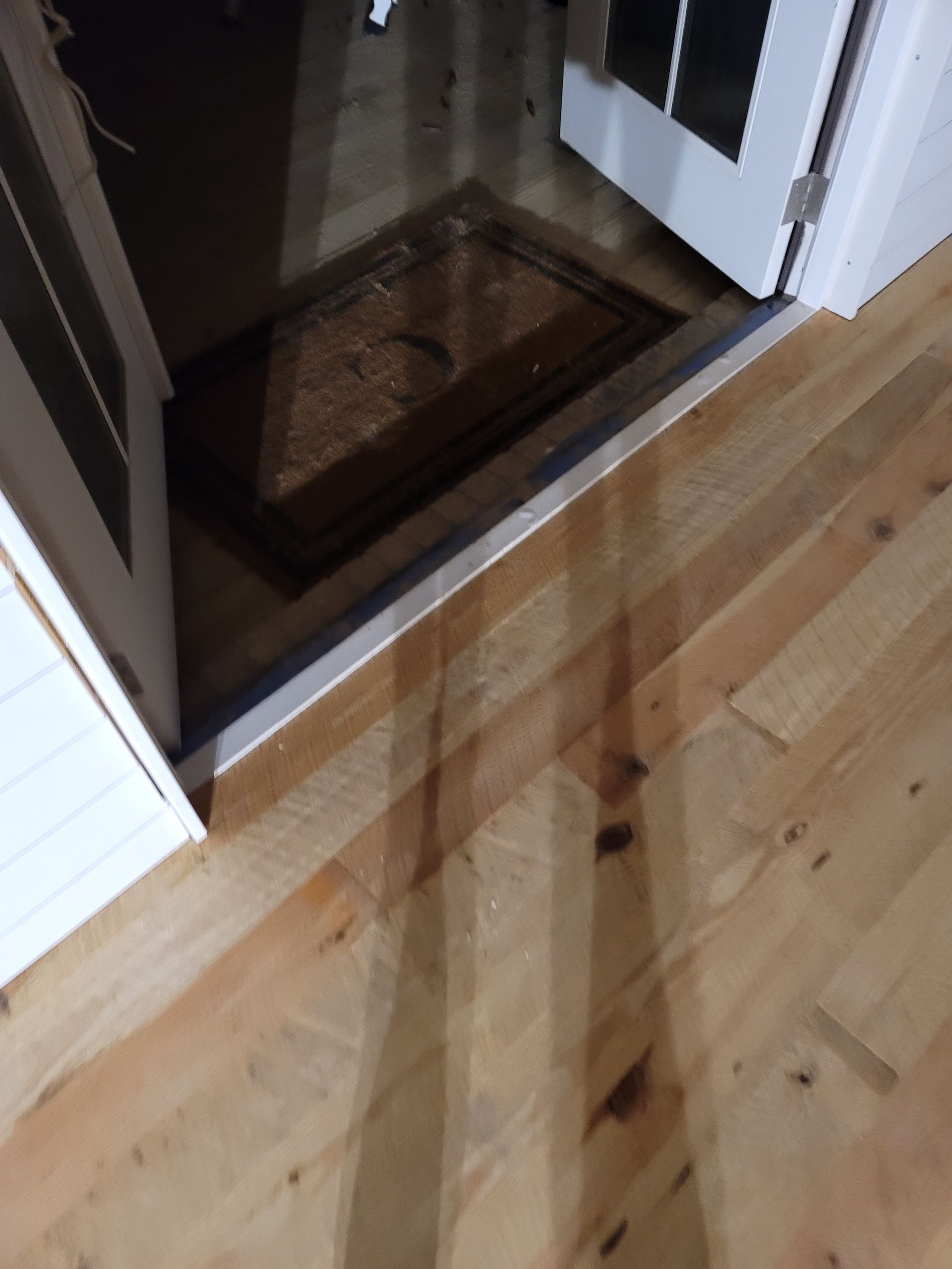 Interior doorway with a raised threshold between a wood floor and a darker room.