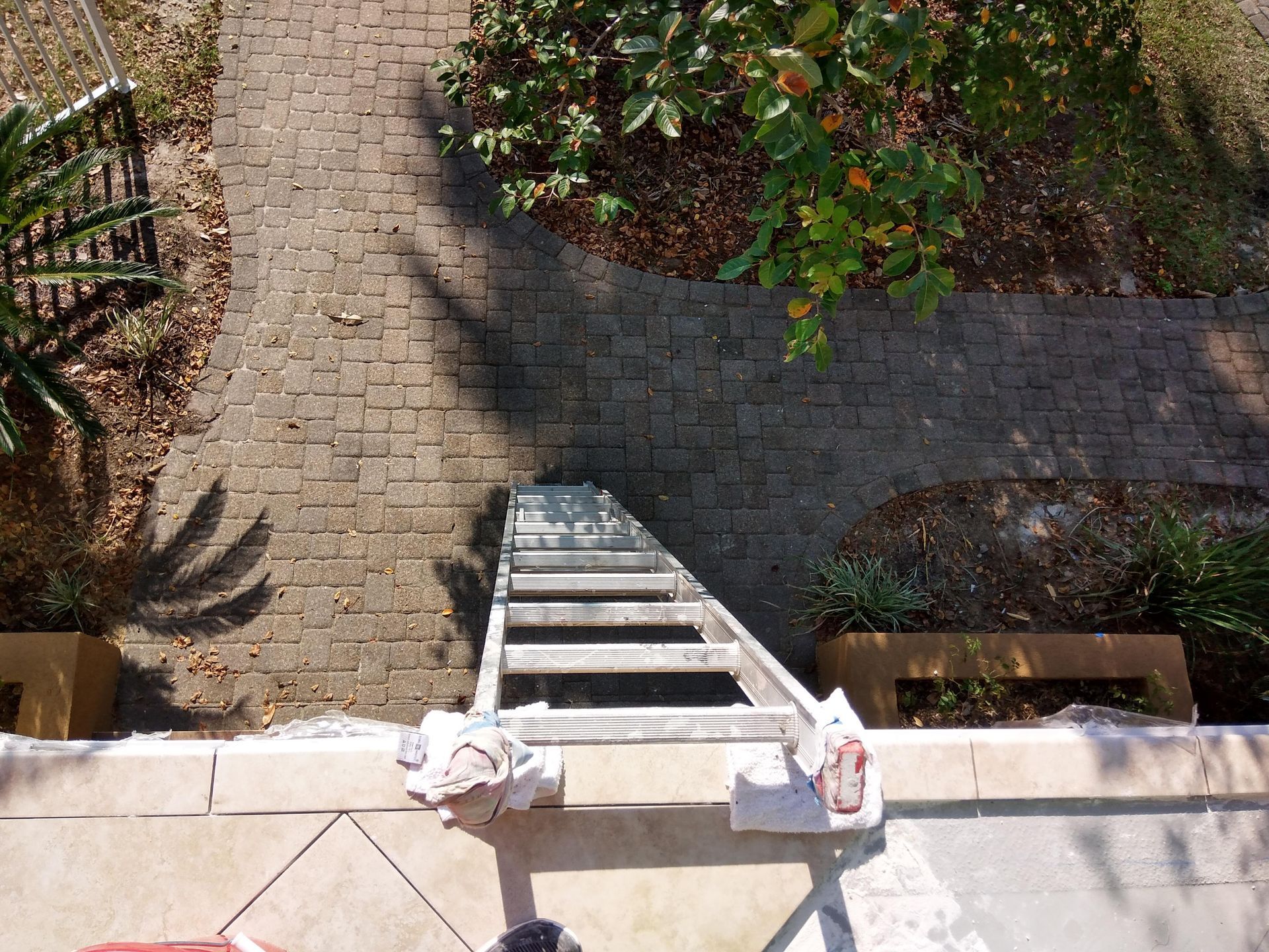 Top-down view of a ladder leaning over a patio wall into a garden path below.