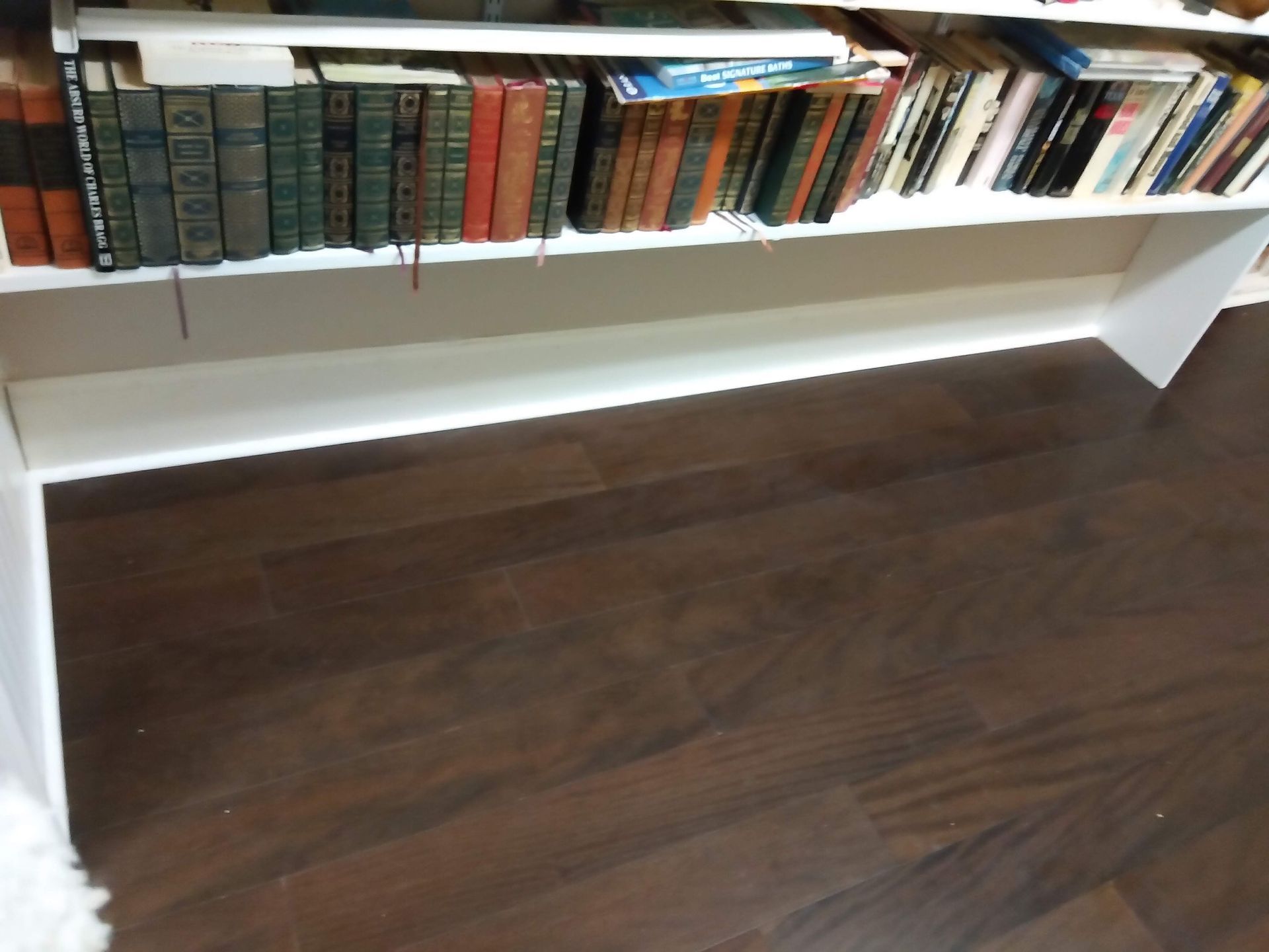 Bookshelves with assorted books above a dark wood floor and white wall.