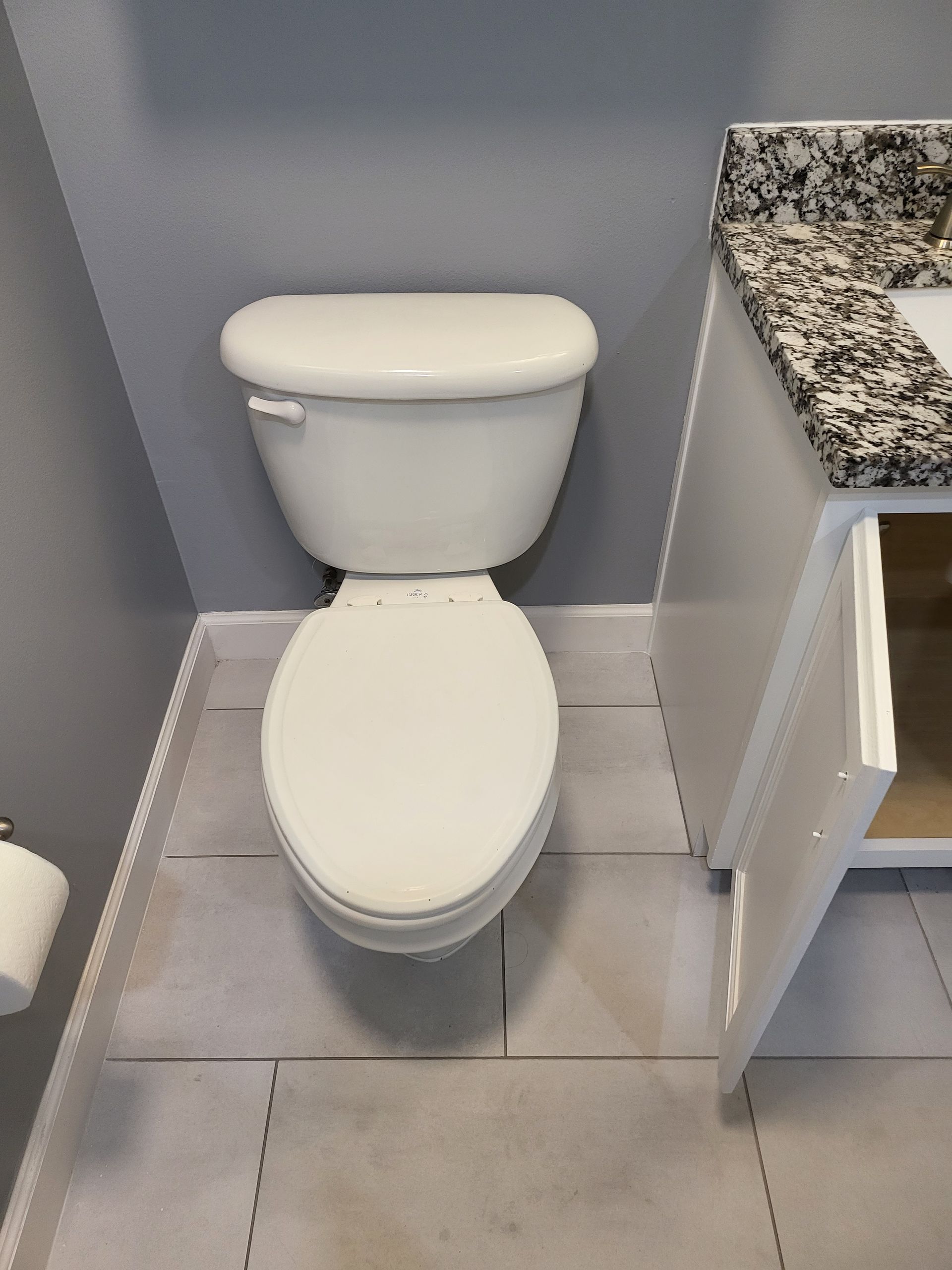 Small bathroom with a white toilet beside a granite countertop and white cabinet.