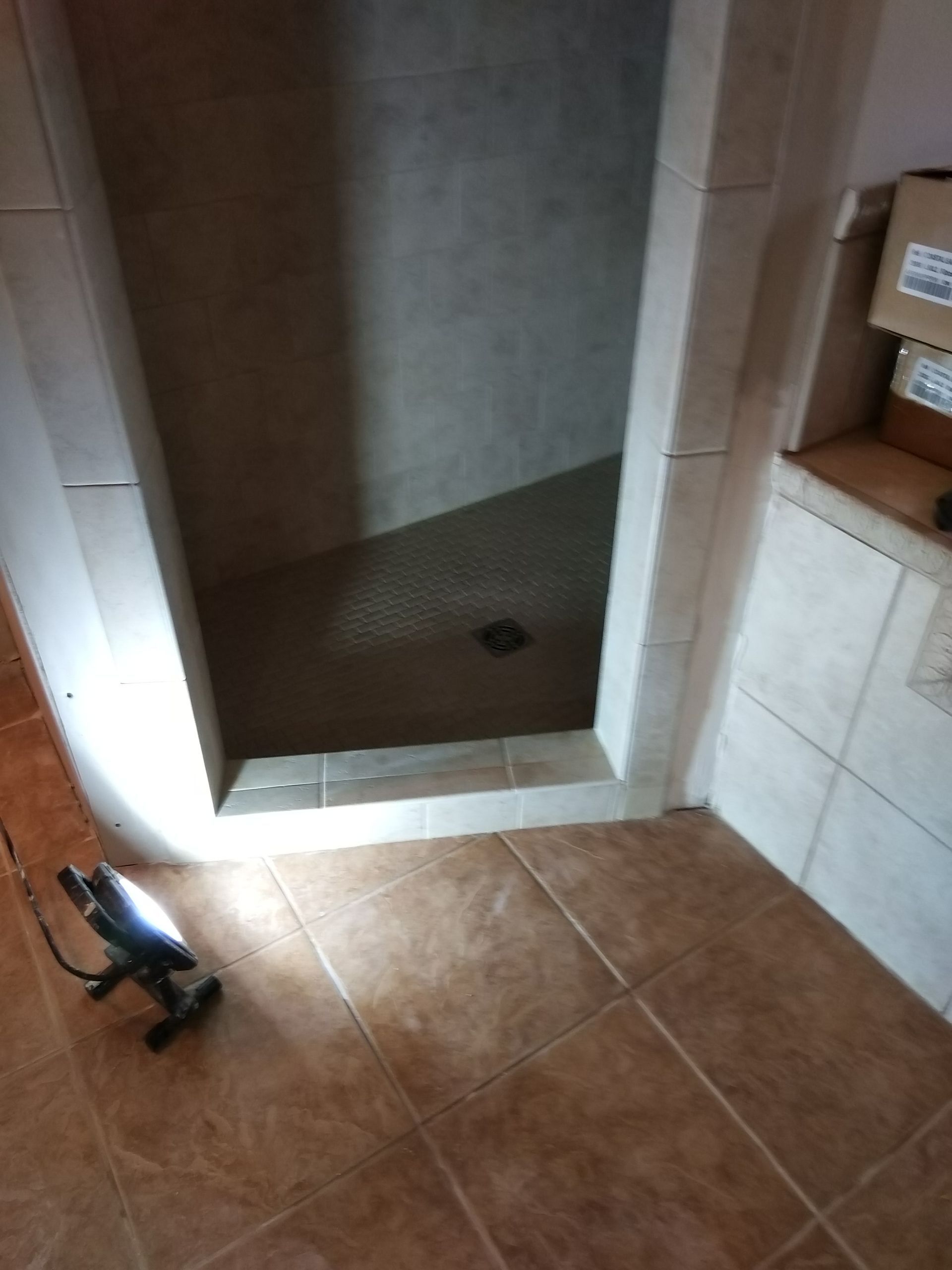 Tiled room with an open doorway to a small shower stall and a black item on the floor near the threshold
