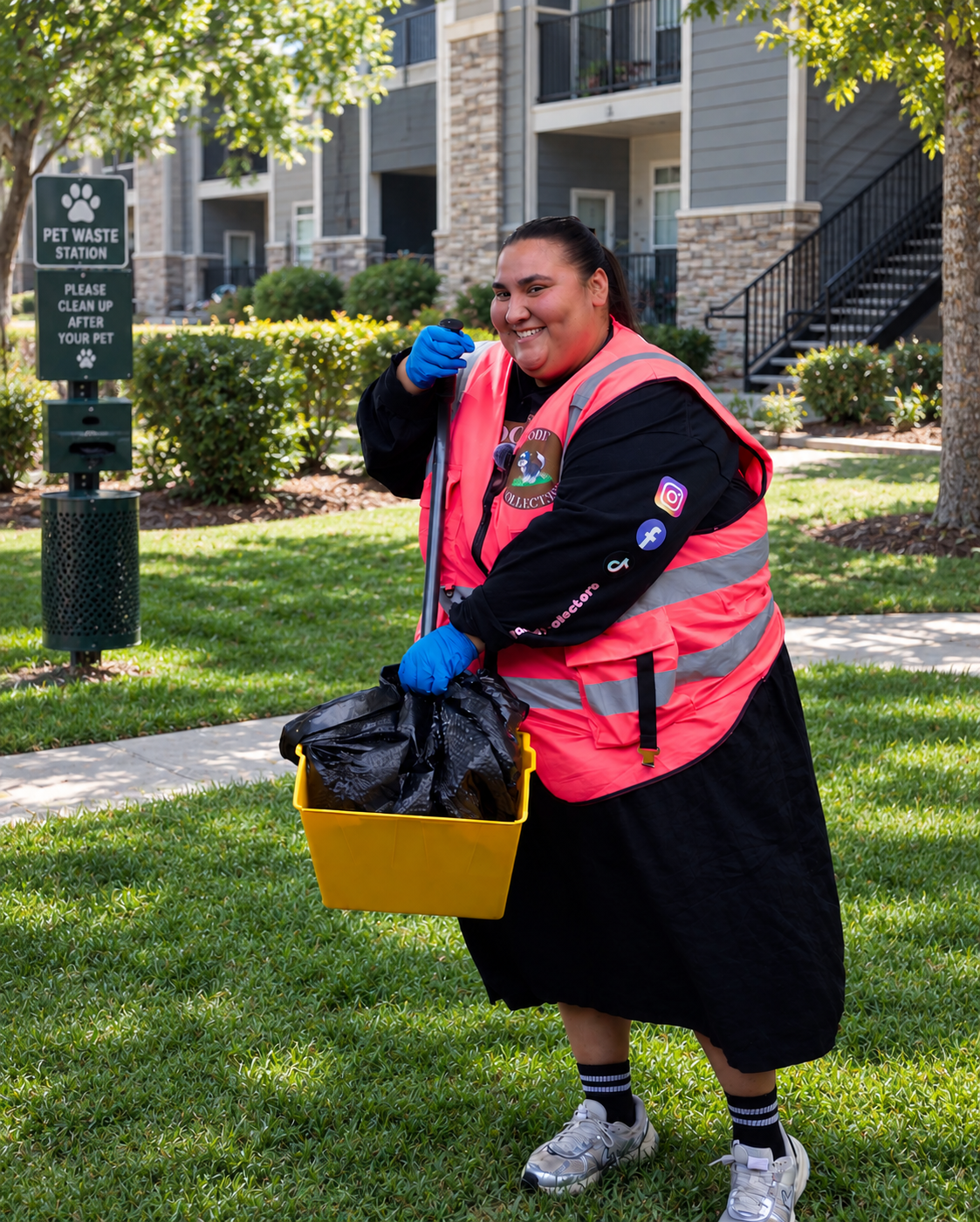 Professional technician collecting pet waste in apartment courtyard