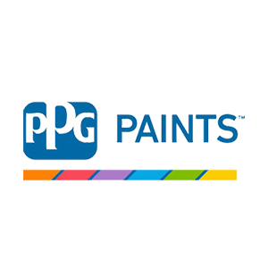 PPG Paints logo with text, colorful horizontal bar.