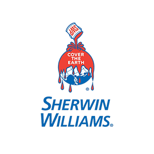 Sherwin-Williams logo: red globe with blue continents dripping red paint from a paint can;