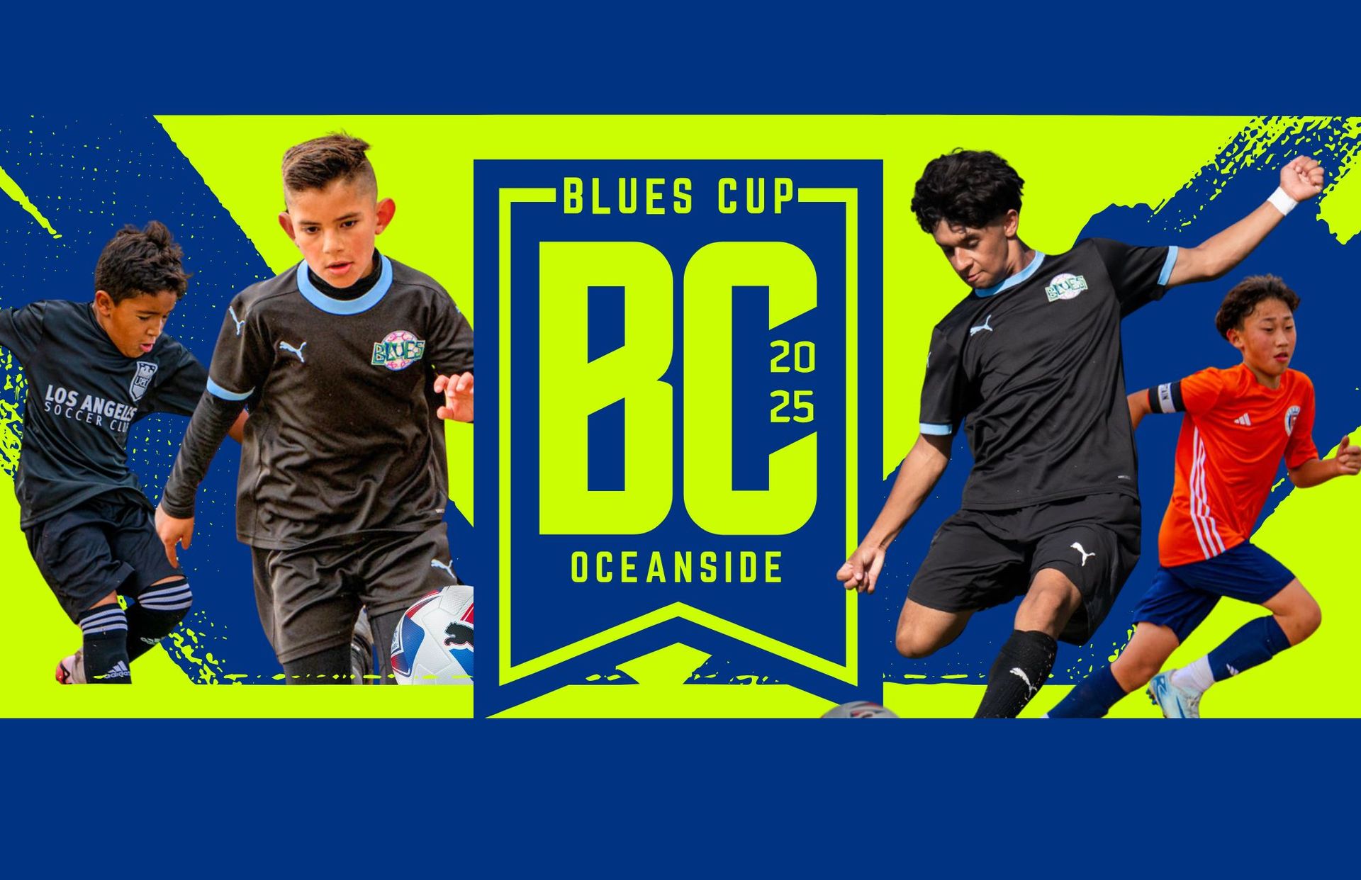 Logo of Blues Cup Oceanside with youth players around it