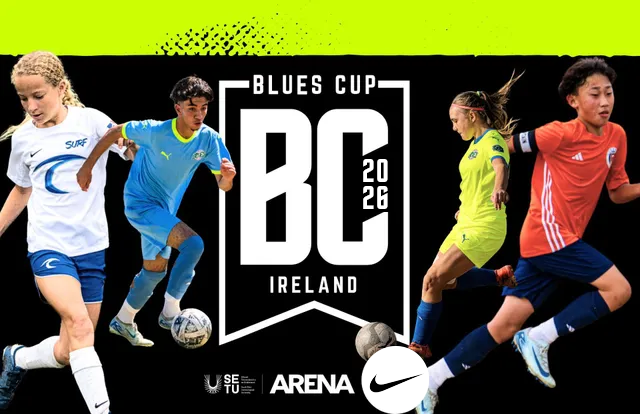 Logo of Blues Cup Ireland with youth players around it