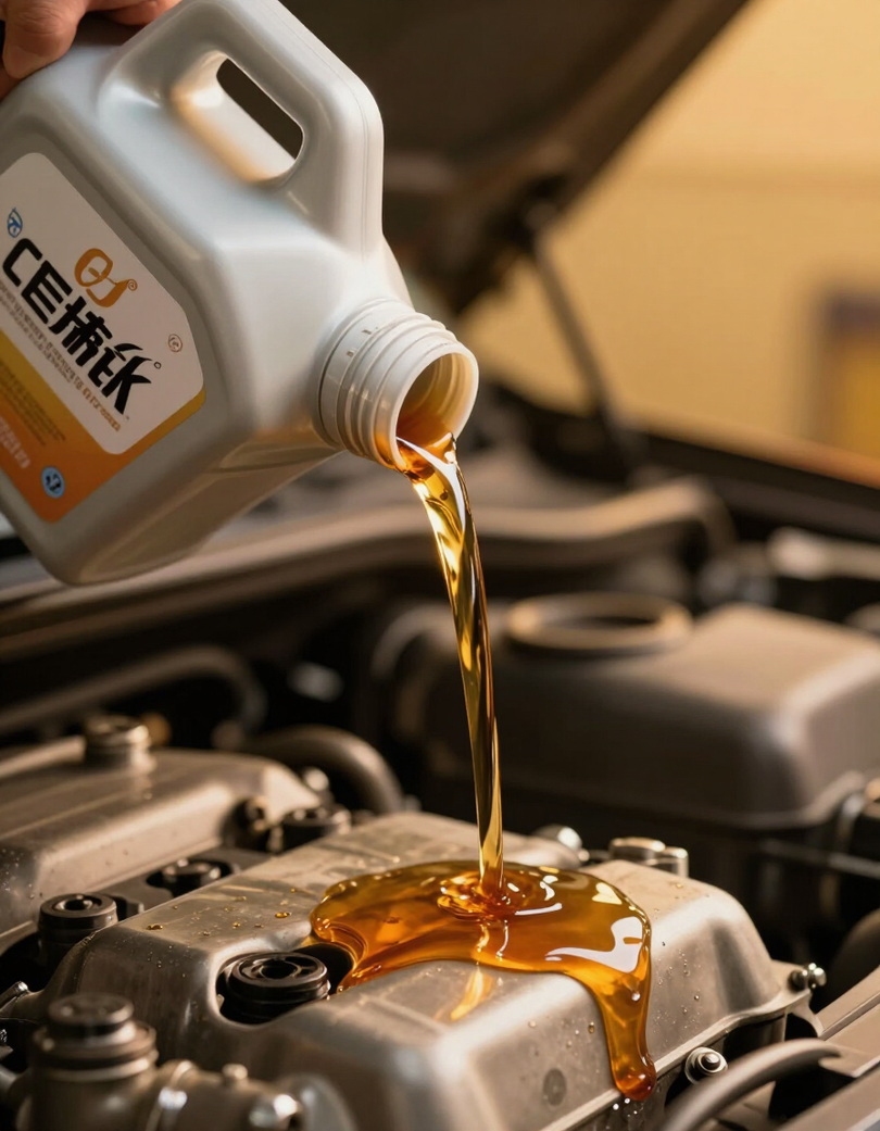 Clean motor oil being poured into engine