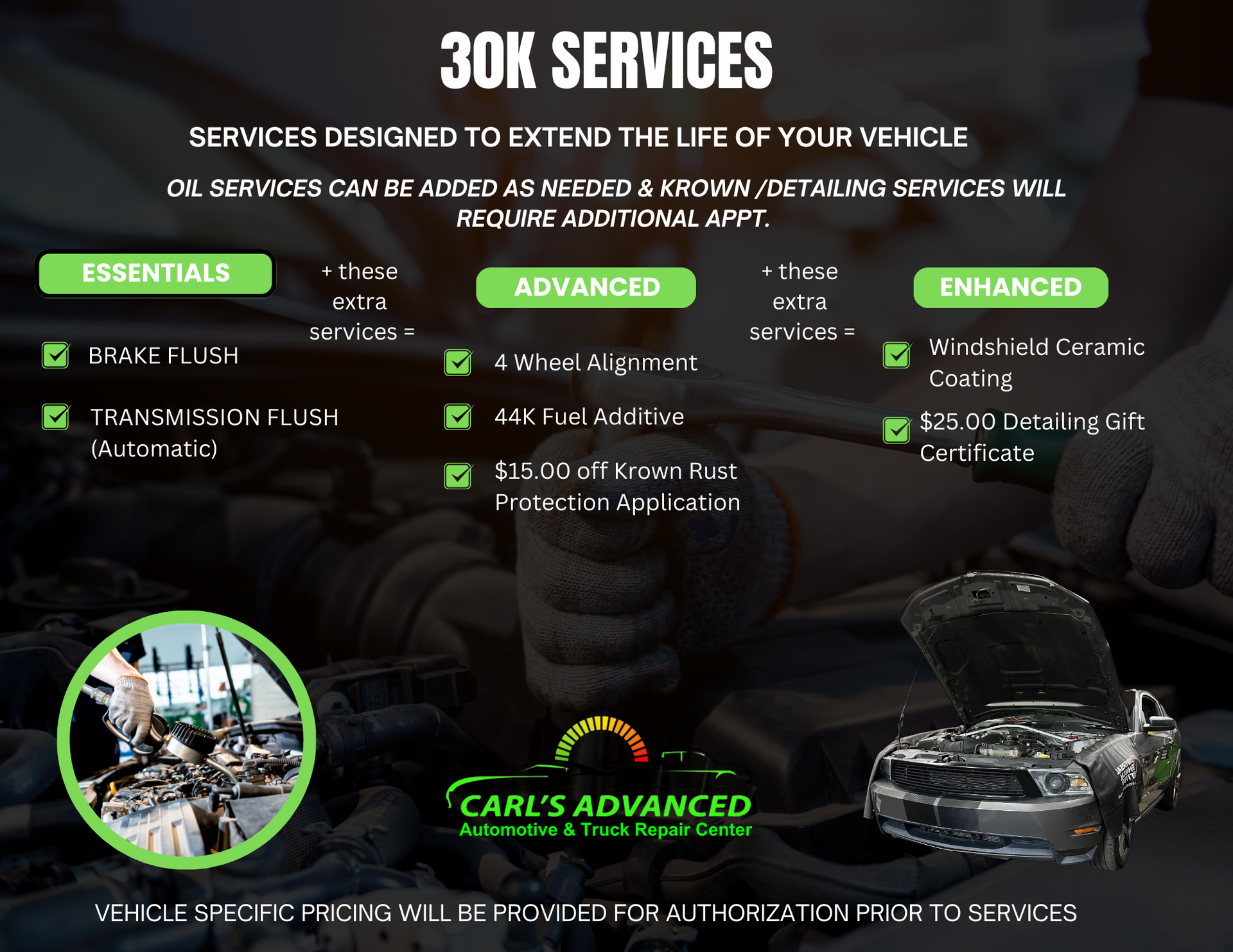 A 60k services advertisement with a picture of a car