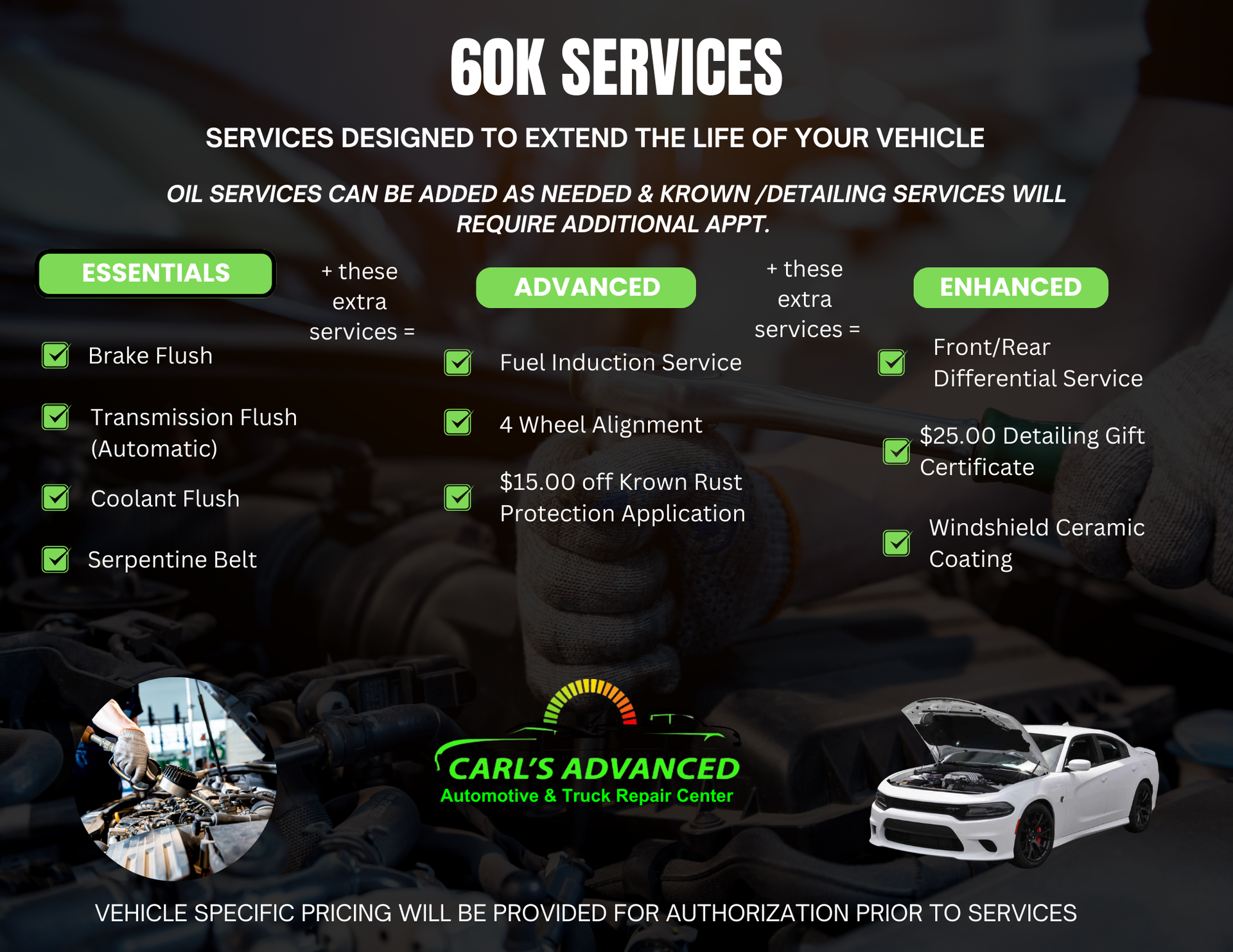 A 60k services advertisement with a picture of a car