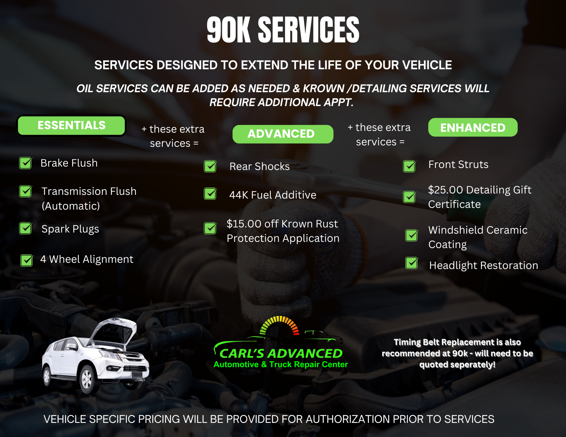 An ad for 90k services with a picture of a car