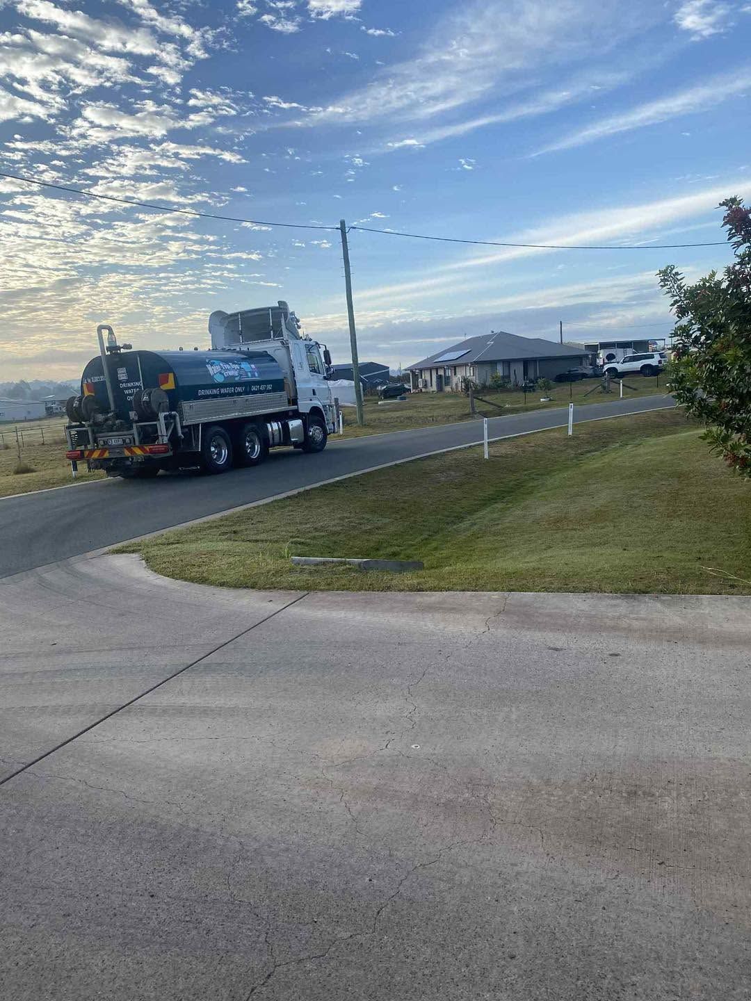 Garbage truck on a suburban street near a driveway under a cloudy sky