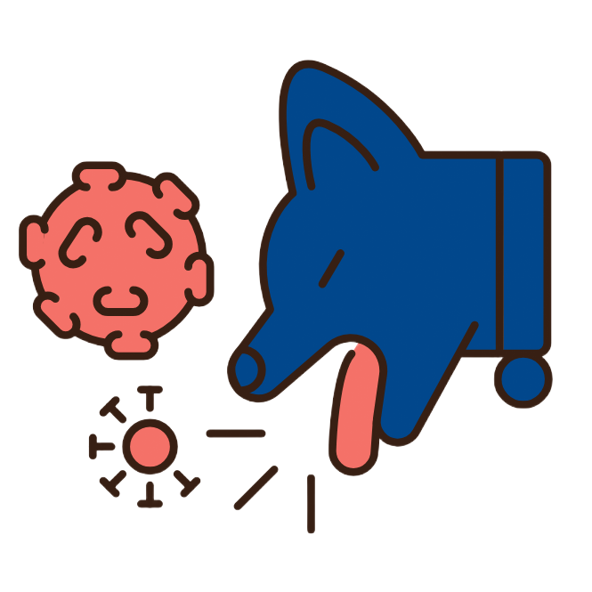 Blue dog coughing with red tongue, near a red virus.