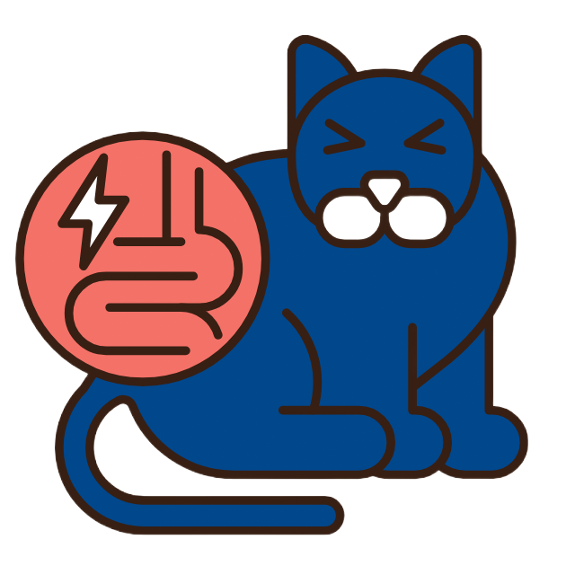 Blue cat with stomach pain represented by a red circle with a lightning bolt and intestines.