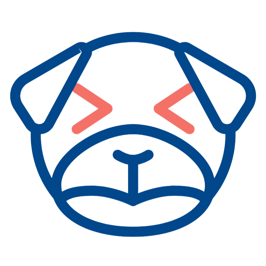 Blue line drawing of a pug face with closed red eyes, appearing to be in pain.