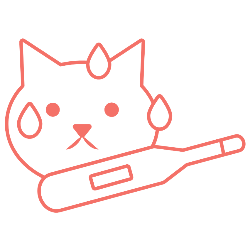Sick cat with sweat droplets and a thermometer.