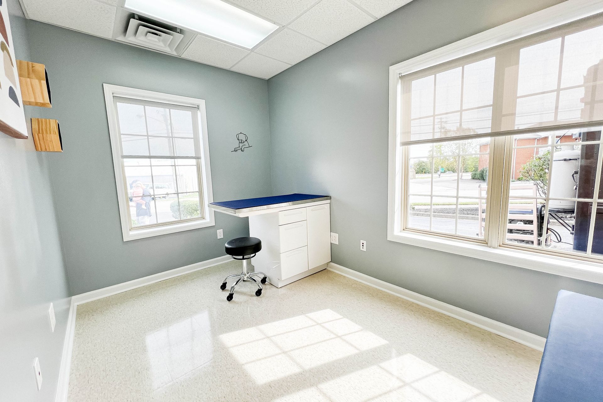 Empty medical exam room with windows, light blue walls, exam table, and stool.