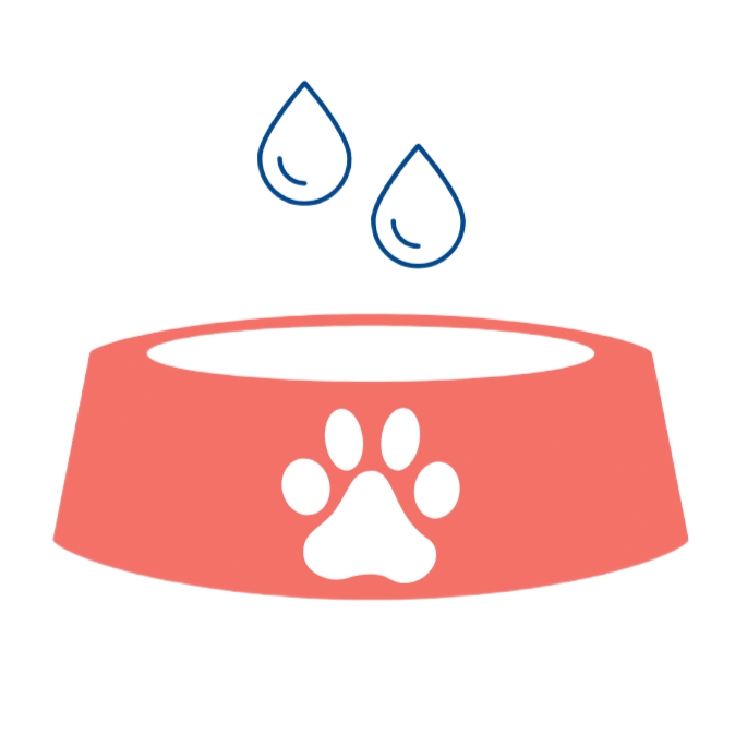 Pink pet bowl with paw print, two water drops.