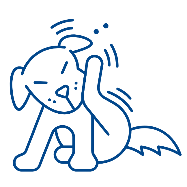 Dog scratching its ear, blue outline on white background.
